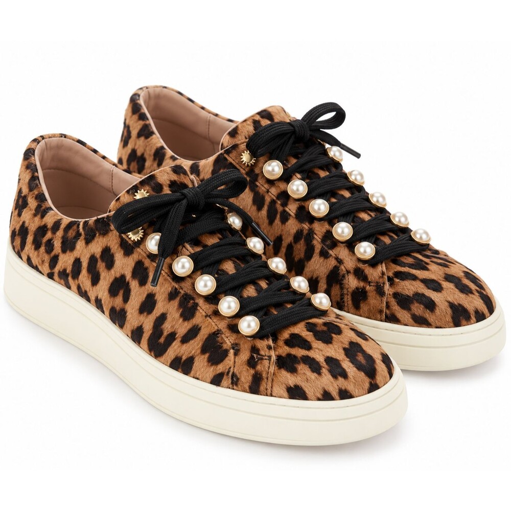 Stuart Weitzman Excelsa Leopard Calf Hair Pearl Sneakers Womens 9 Lace Up